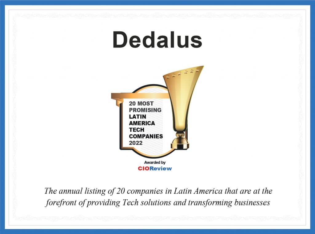 Certificado Dedalus 20 mais promissoras empresas de tecnologia da América Latina 